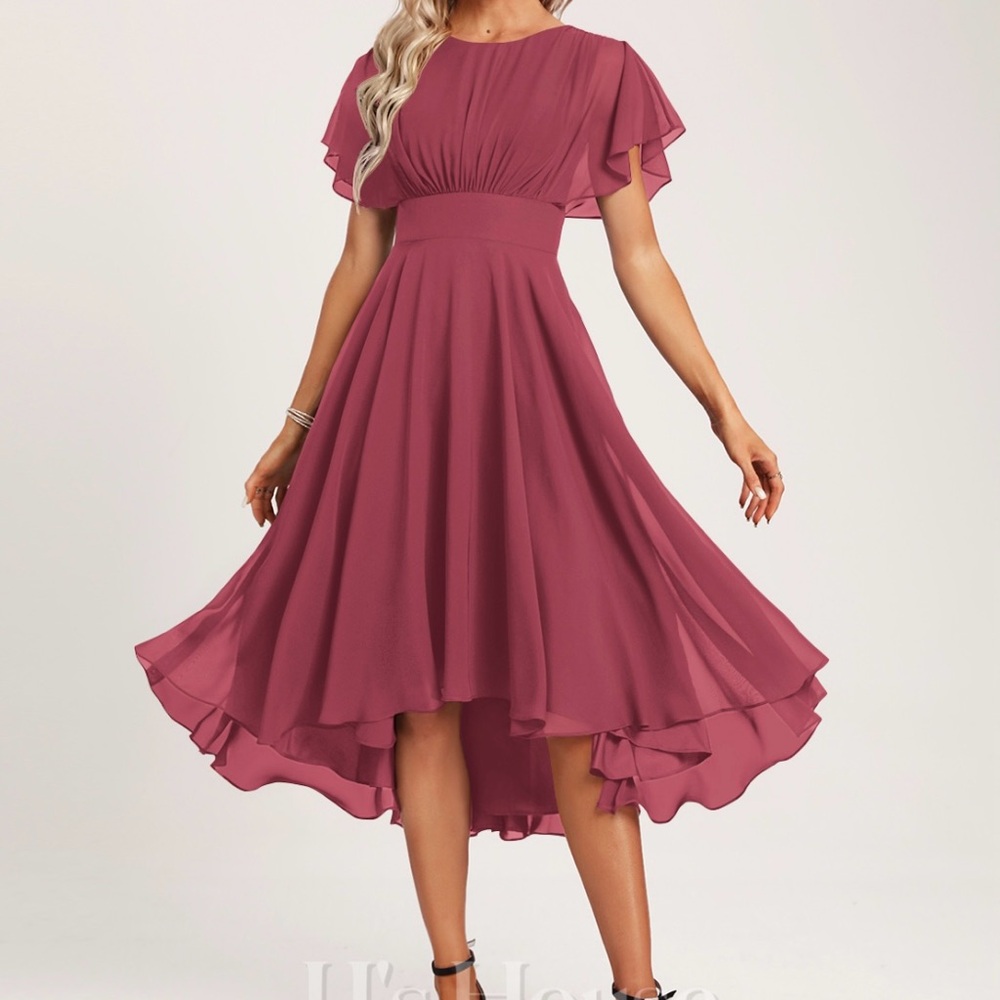 JJs House Cinnamon Rose Asymmetrical Ruffled High-Low Dress